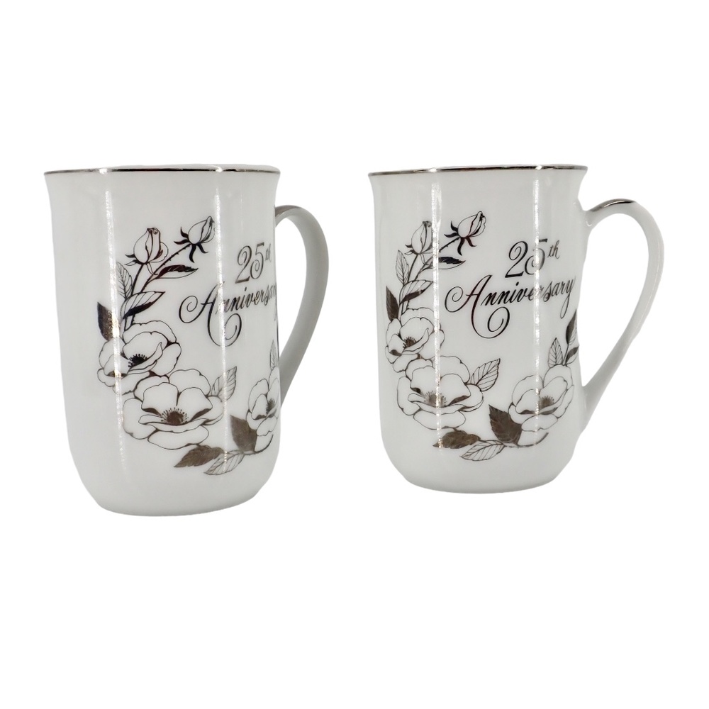 25th Anniversary Georgiana Fine China Cups Silver Lined Floral Set of 2 of JAPAN